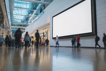 A large digital billboard stands prominently in a bustling shopping mall as shoppers stroll past, enjoying their day amidst the modern architecture