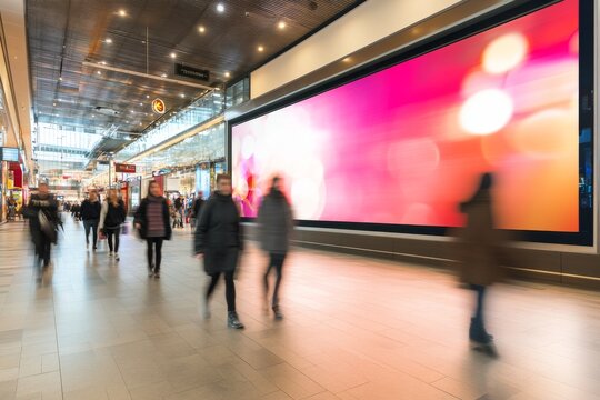 Shoppers stroll through a busy mall, passing a prominent digital billboard that showcases bright, colorful visuals in a lively retail atmosphere