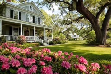A two-story colonial house with a wraparound porch stands gracefully amid vibrant azaleas, showcasing the beauty of spring in a serene neighborhood