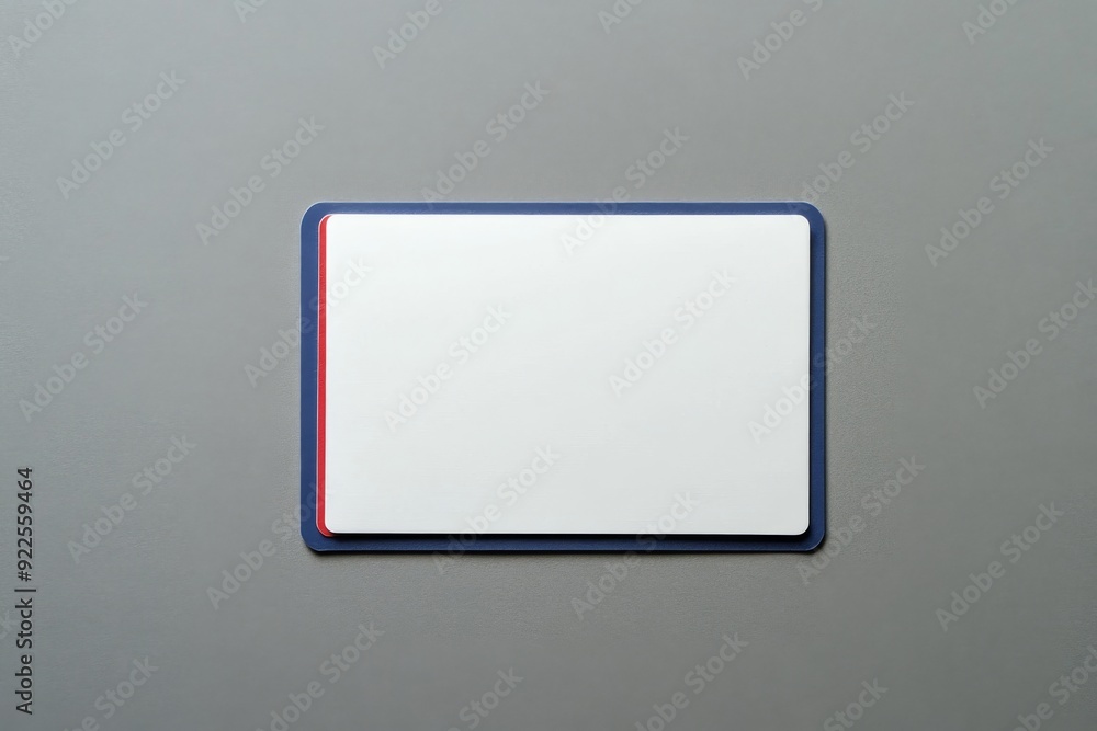 Poster a neatly arranged rectangular white card adorned with a thin blue border and a red stripe rests on a