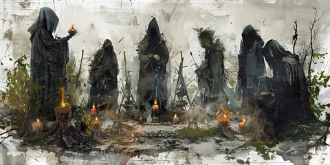 A group of hooded figures gathered around an ominous ritual site, adorned with twigs and candles.