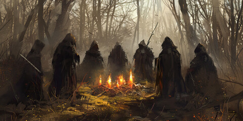 A group of hooded figures gathered around an ominous ritual site, adorned with twigs and candles.
