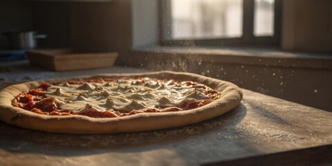 Fresh pizza dough proofing by a sunny window.