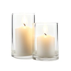 Two elegant white candles in clear glass holders, providing a warm, serene ambiance. Perfect for home decor, parties, or relaxation.