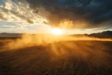 A towering dust cloud lifts from the desert floor as the sun sets, casting warm hues across the vast landscape of EEKl, revealing nature's raw beauty
