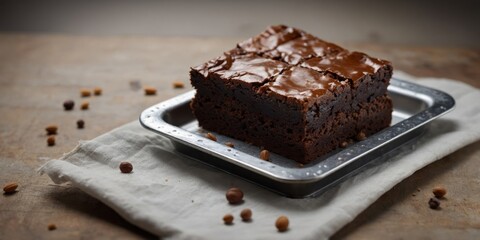 Freshly baked marbled brownie in a metal tray.