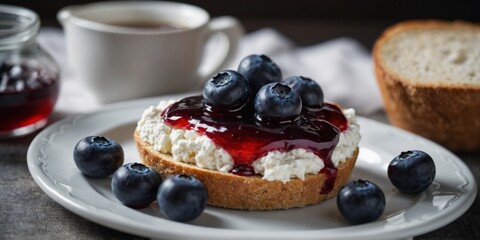 Cottage cheese breakfast with blueberries and jam.