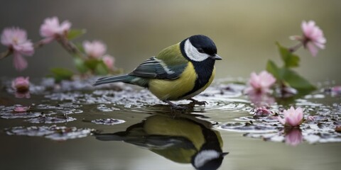 Fototapeta premium A great tit perches delicately on a blossoming branch over calm water, its reflection mirroring its pose.