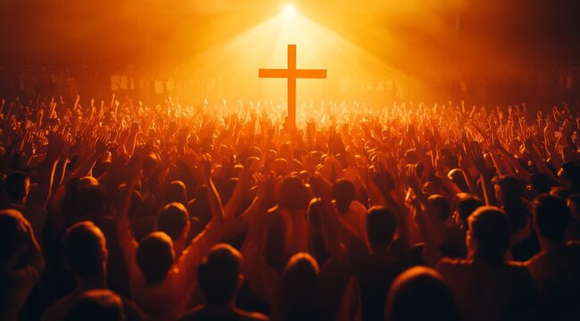 A massive crowd of worshippers gathered before a cross, bathed in a radiant golden light that creates a warm and spiritual atmosphere. The raised hands of the people express devotion and unity, as the