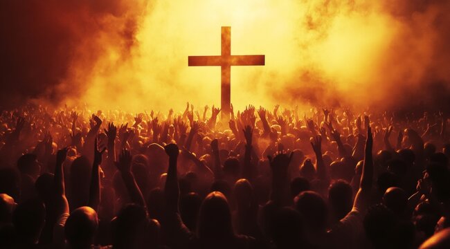 A large crowd of people raising their hands in worship before a glowing cross, surrounded by an ethereal orange mist. The image evokes a powerful sense of spirituality, unity, and devotion, with the w