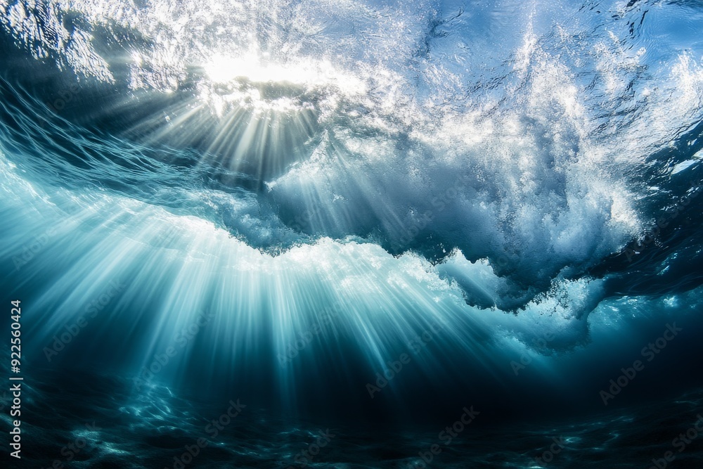 Poster a powerful ocean wave crashes, sunlight filters through the water, creating a mesmerizing display of