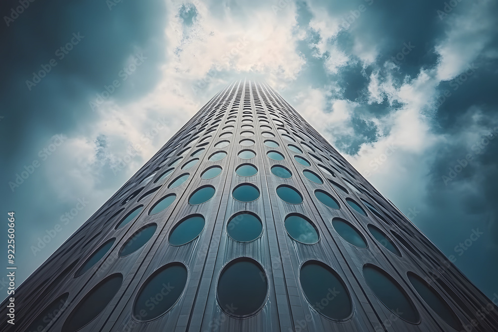 Poster  a tall skyscraper against a cloudy sky with circular patterns