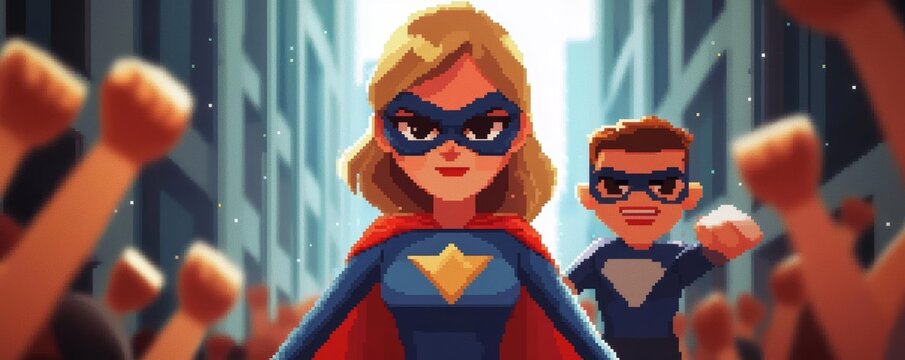 A pixel art superheroine and her sidekick saving the day in a cartoon city, surrounded by cheers