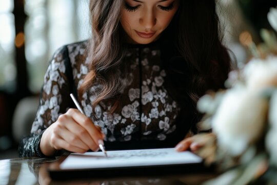 A woman focuses intently on reviewing an elaborate wedding invitation displayed on her tablet, surrounded by a warm, inviting atmosphere