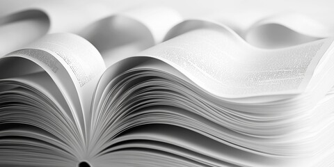 black and white, open book pages, soft focus, perfect for educational or literary content.