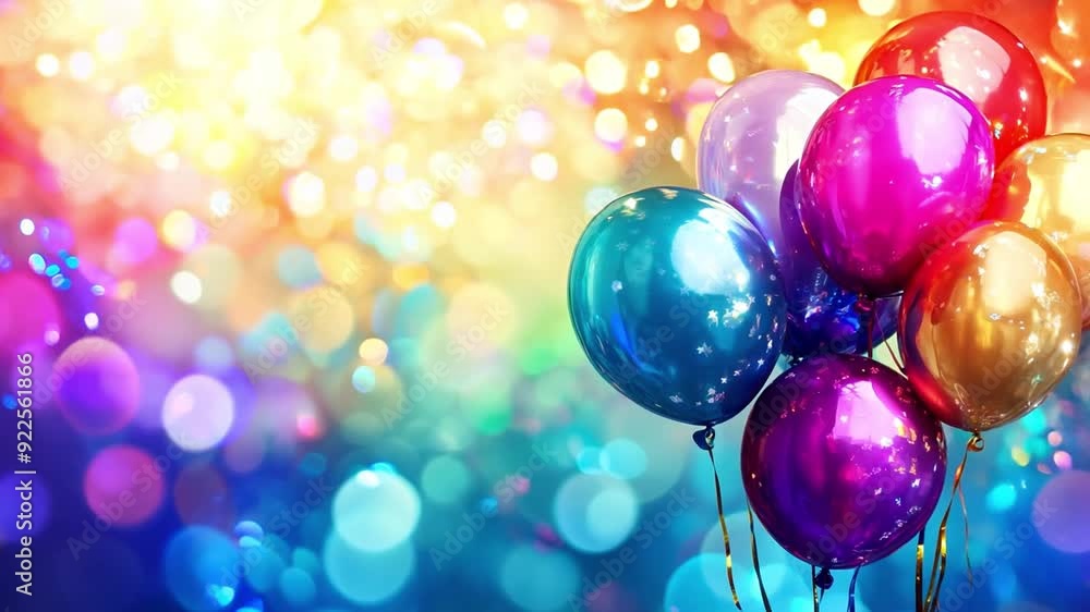 Poster a cluster of vibrant balloons in various colors is set against a shimmering, multicolored background