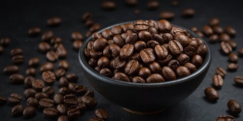 Fototapeta premium Aerial view of fresh whole coffee beans in a dark bowl.