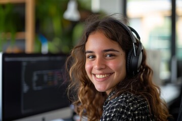 Portrait of a smiling young Hispanic female IT support worker in startup company office