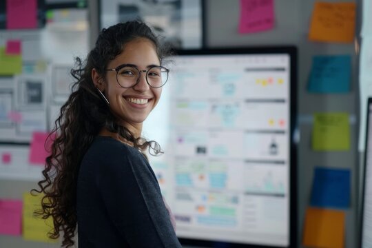 Happy young Hispanic female Designing user experiences and interfaces in startup company office