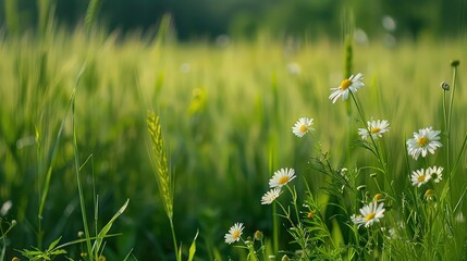Close-up of white daisies with yellow centers in a field of green grass with wheat stalks.