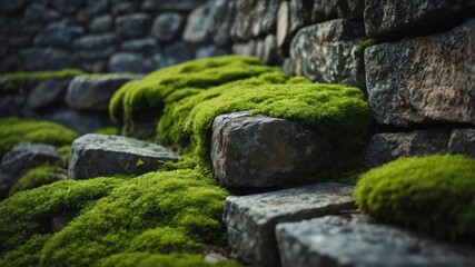 abstract bright green moss & old stone wall background.
