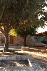 Obraz premium Stone Courtyard with Trees and a Small Pool
