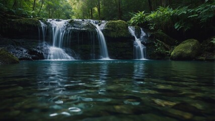 Obraz premium Waterfall cascading into a tranquil pool in a lush forest, dynamic, serene.