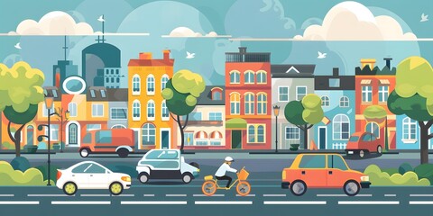 Cartoon City Street Illustration With Cars And Cyclist