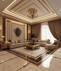 Luxury Living Room Interior Design with Golden Accents and Elegant Furniture