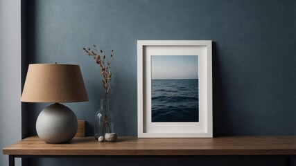 Minimal wooden picture frame mockup on a calm bluegrey wallpaper.
