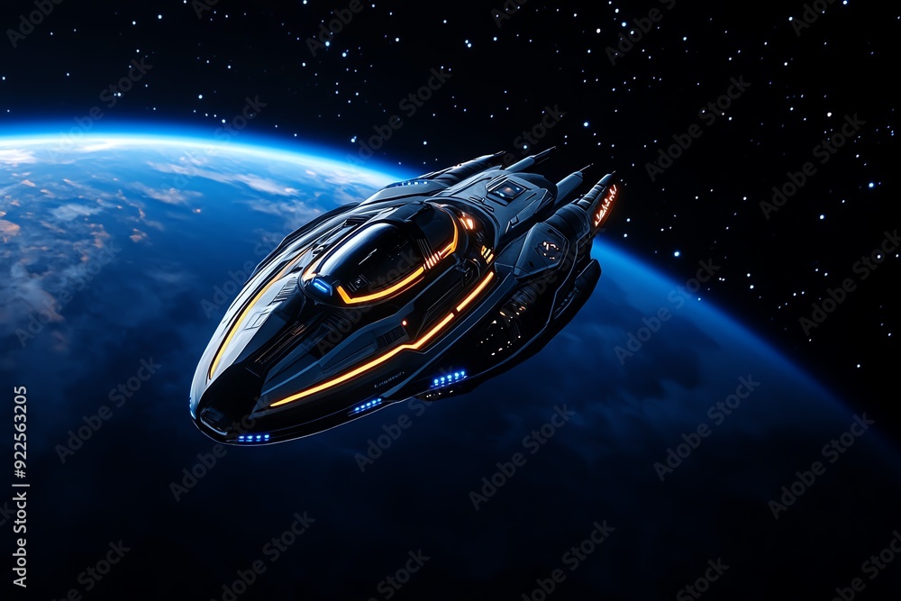 Poster futuristic spaceship orbiting earth, showcasing advanced space travel technology against a starry ba