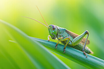Fototapeta premium A grasshopper resting on a blade of grass.