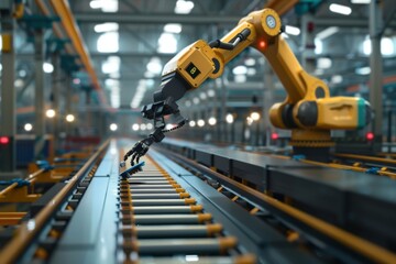 Robot arm on conveyor belt in factory