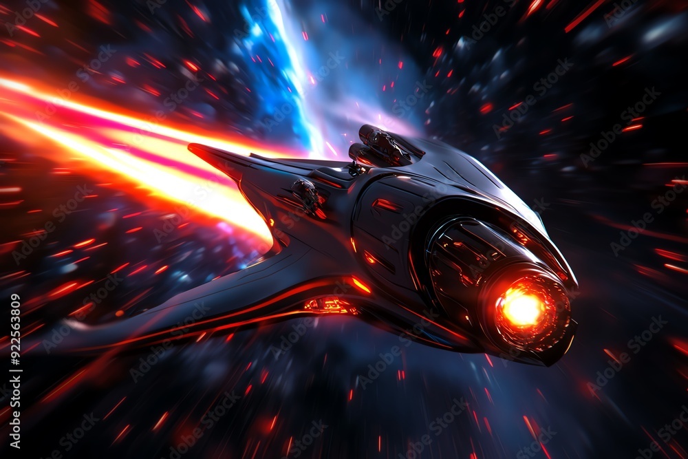 Aufkleber futuristic spaceship traveling at warp speed through outer space, leaving a trail of vibrant light b