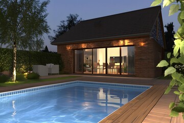 Fototapeta premium Modern House with Swimming Pool at Night