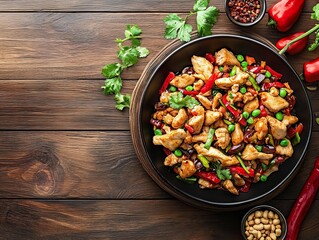 A Kung Pao Chicken. The most popular Chinese dishes. A spicy stir-fry dish made with chicken, peanuts, vegetables, and chili peppers, originating from Sichuan province.