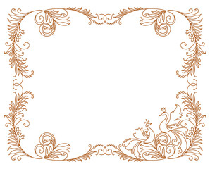 Decorative frame floral with two birds, tendrils, leaves, hand drawn, ornate wedding greeting card, invitation, vector illustration isolated on white