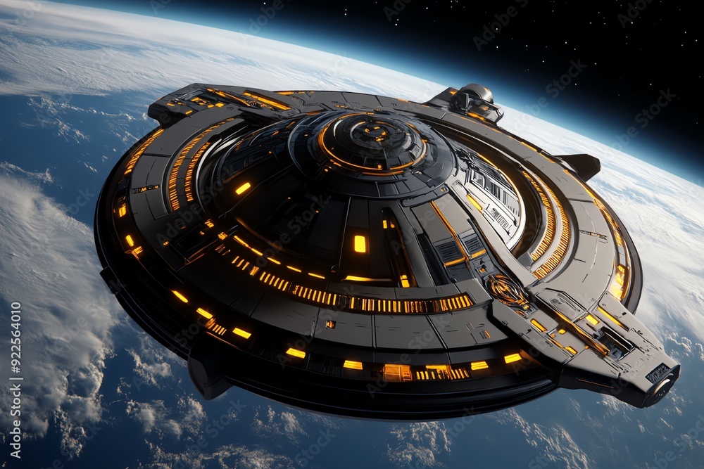 Poster Futuristic spaceship orbiting Earth in outer space, showcasing advanced technology and interstellar travel.