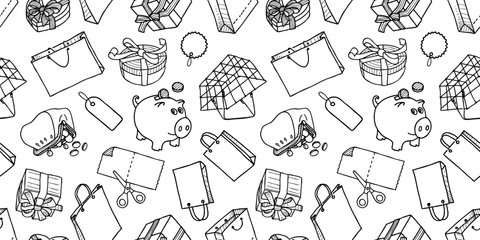 Seamless pattern of outlines various shopping symbols, bags, coins, piggy bank, purce, boxes, basket, vector black and white background, hand drawn illustration, paper, wallpaper, wrapper