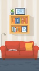 Red Couch in Living Room with Bookshelf
