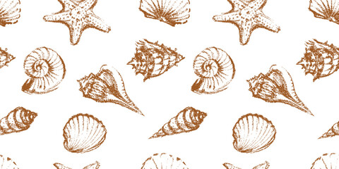 Seamless pattern of seashells various textured sketches, vector hand drawn background isolated on white, wallpaper, textile, paper