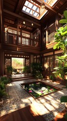 Fototapeta premium Traditional Chinese Courtyard with Wooden Structure and Skylight