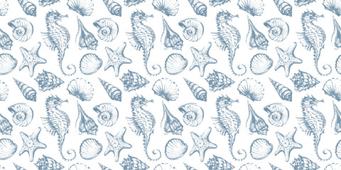 Seashells textured sketches seamless pattern, underwater sea life, vector hand drawn background, textile, paper