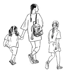Sketch of young mother with two little daughters walking outdoors together on summer day, realistic outline vector hand drawing, isolated on white