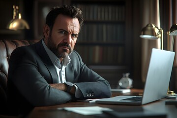 Obraz premium businessman working in office. Serious and stressed businessman sitting in front of his laptop in his office. Business success.