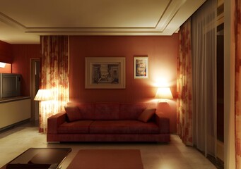 Modern Living Room Interior Design with Red Sofa and Lamps