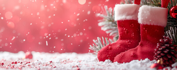 Abstract view of the red background with Christmas stockings. Banner, wallpaper and card concept.