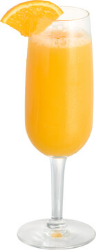 A side profile of a mimosa cocktail in a clear glass flute. Features bright orange liquid, a foamy surface, and a fresh orange wedge garnish.