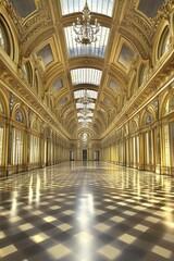 Obraz premium Golden Hallway with Checkered Floor and Chandeliers