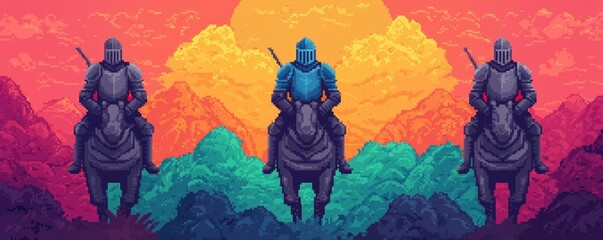 A pixel art knight on a quest riding through a colorful fantasy landscape